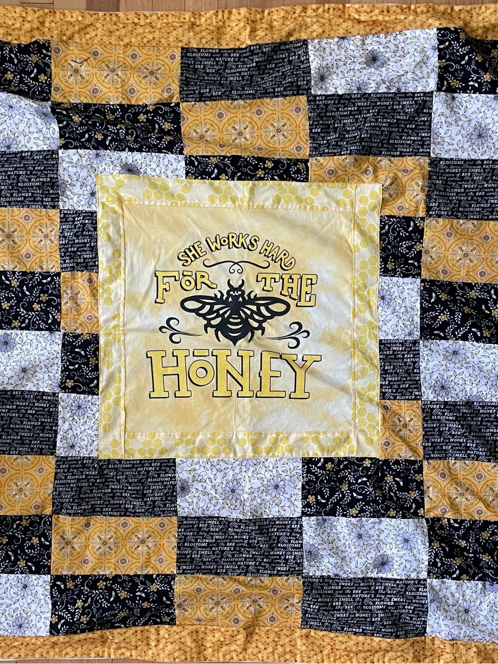 She Works Hard For The Honey Yellow Patchwork Quilt for a Queen Bee